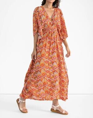 NWT Rujuta Sheth Red Marie Cinch Ikat Kaftan Maxi Dress Size M/L